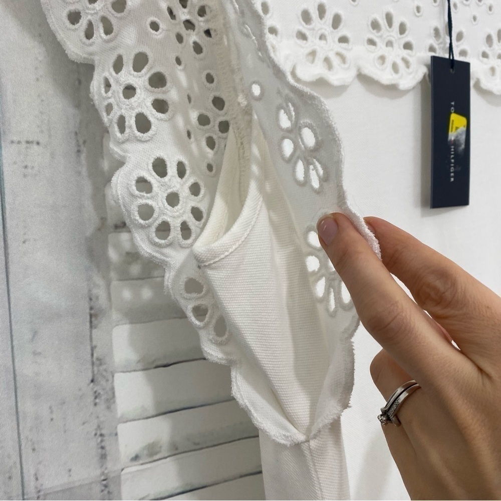 Tommy Hilfiger Size Medium M Cream White Eyelet Dress Flutter Sleeve Pullover - Picture 10 of 14